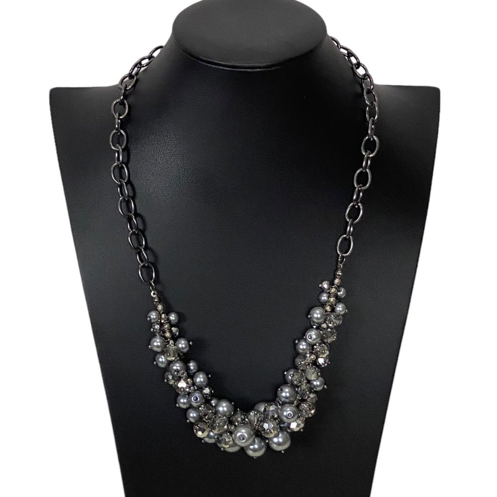 Grey and Silver Beaded Necklace with Adjustable Gun Metal Color Chain